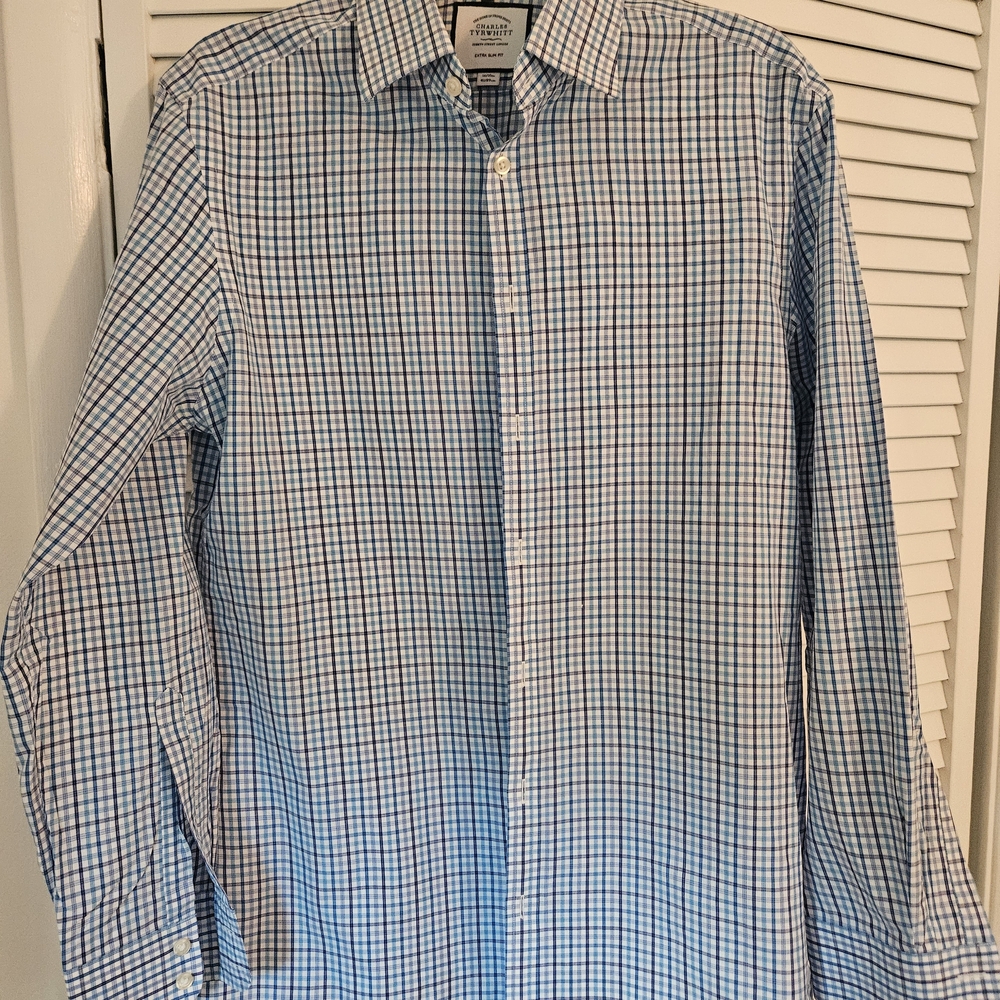 Charles Tyrwhitt Blue and White Check Dress Shirt, 16/35 Extra Slim